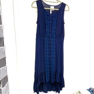 Simply Irresistible sleeveless dark blue high low dress with lace, size Medium
